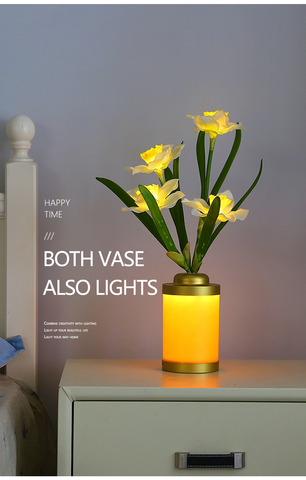 Cross-Border Touch Sensing Simulation Daffodil Vase Table Lamp Wholesale USB Lamp 5th Battery Modern Minimalist Bedroom Bedside Home Decoration Night Lamp